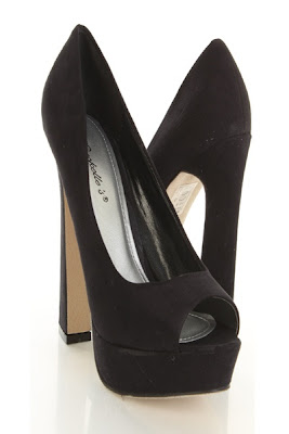 Black Faux Suede Peeptoe Chunky Pump Heels 