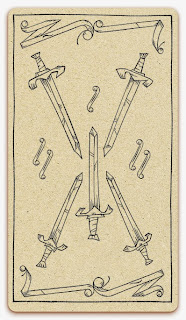 Five of Swords card - inked illustration - In the spirit of the Marseille tarot - minor arcana - design and illustration by Cesare Asaro - Curio & Co. (Curio and Co. OG - www.curioandco.com)