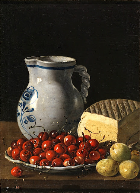 Luis Egidio Melendez (1716-1780) Bodegón con plato de cerezas, ciruelas, jarra y queso Museo nacional del Prado, Madrid
