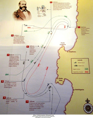 Dibujo: Ruta croquis del Combate de Angamos a detalle. Foto de Jesus Gómez