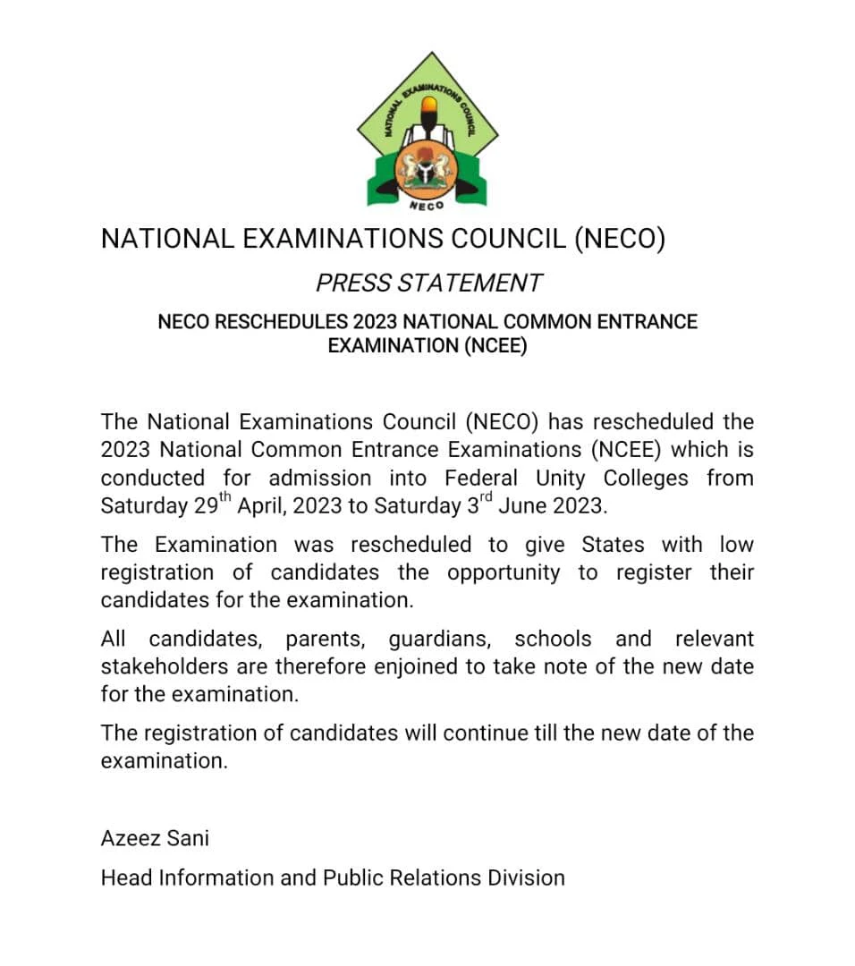 NECO Postpones 2023 Common Entrance Exam for Unity Schools