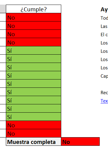 En un criterio, cada página de la muestra tiene el dato Sí (en 8 páginas), No (en 5 páginas), y No aplica (en 2 páginas). Al final, el campo Muestra completa indica No.