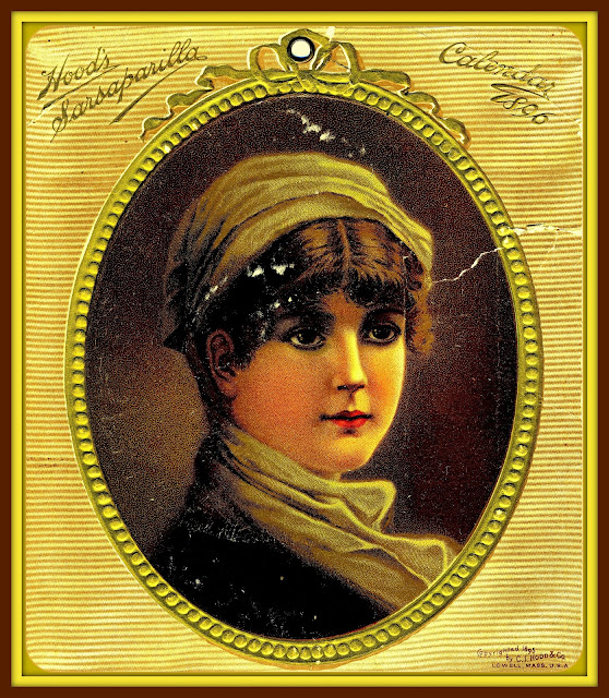 gold-framed illustration of brunette facing right with tan scarf
