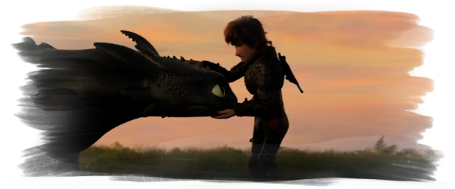 a screenshot of Hiccup from How To Train Your Dragon 3, a white man with short brown hair, and one leg missing, wearing armour made of black dragon scales and no prosthetic. He is holding onto toothless's head, a black dragon.