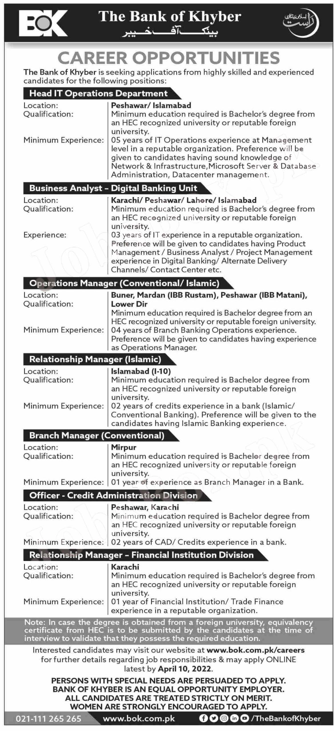 Today Bank of Khyber BOK jobs 2022