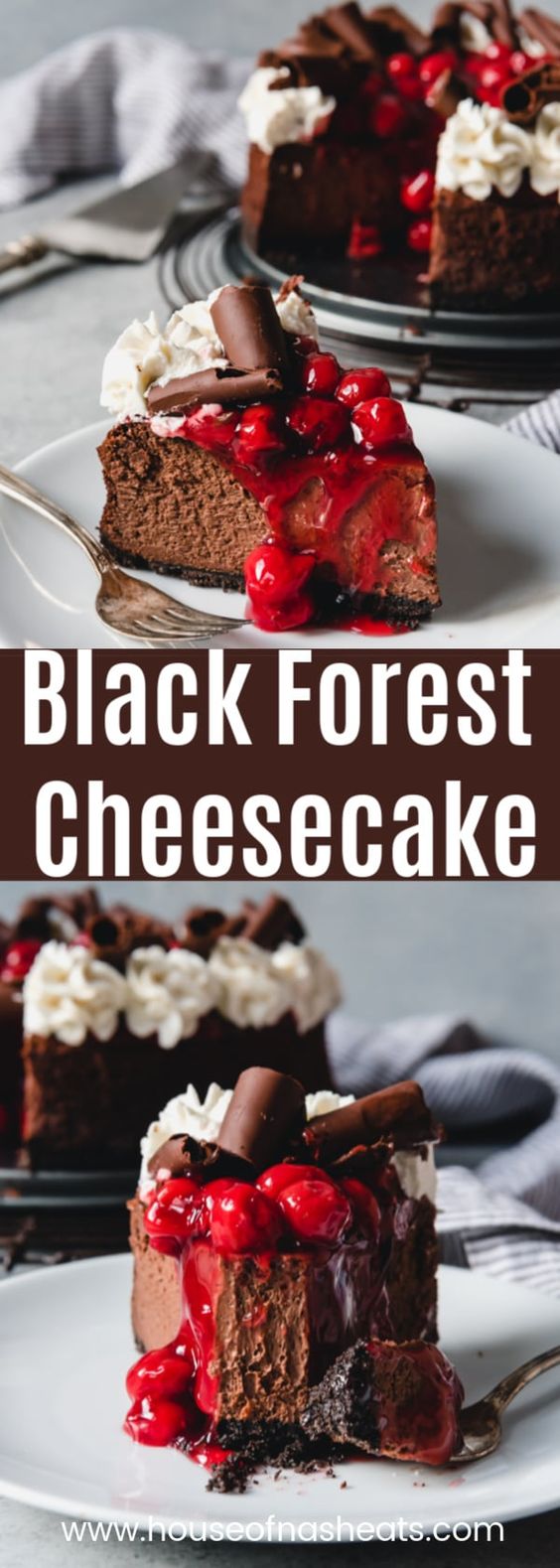 Be still my cherry chocolate loving heart!  This Black Forest Cheesecake is a decadently creamy, dark chocolate cheesecake topped with cherry pie filling, sweetened whipped cream, and chocolate curls.  #ad #cheesecake #blackforest #chocolate #cherries #easy #recipe #christmas #valentinesday #best #dark #dessert #holiday #cherrypiefillings