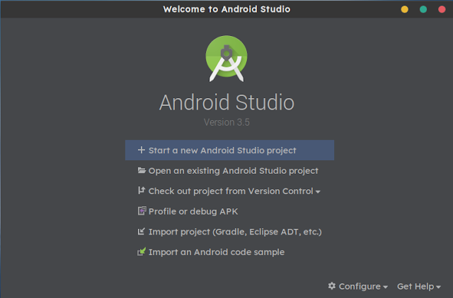 android studio start screen for new project