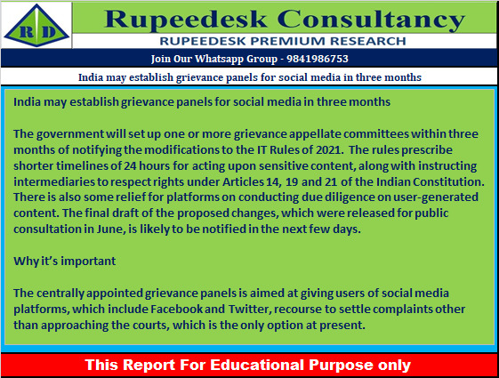 India may establish grievance panels for social media in three months - Rupeedesk Reports - 28.10.2022