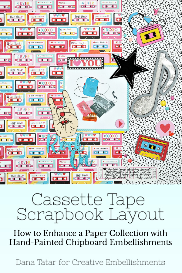 Rock On Cassette Tape Scrapbook Layout with Hand Painted Chipboard Embellishments.