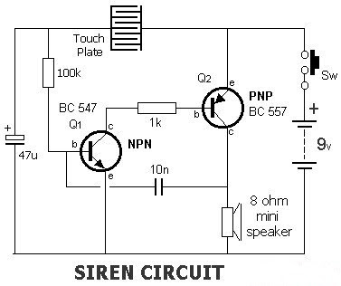 2 Transistor Electronic Siren Circuit Diagram