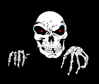 A skull with two skeleton hands to either side.