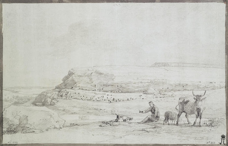 View of Mount Bingemma on Malta by Jean-Pierre-Laurent Houel - Landscape Drawings from Hermitage Museum