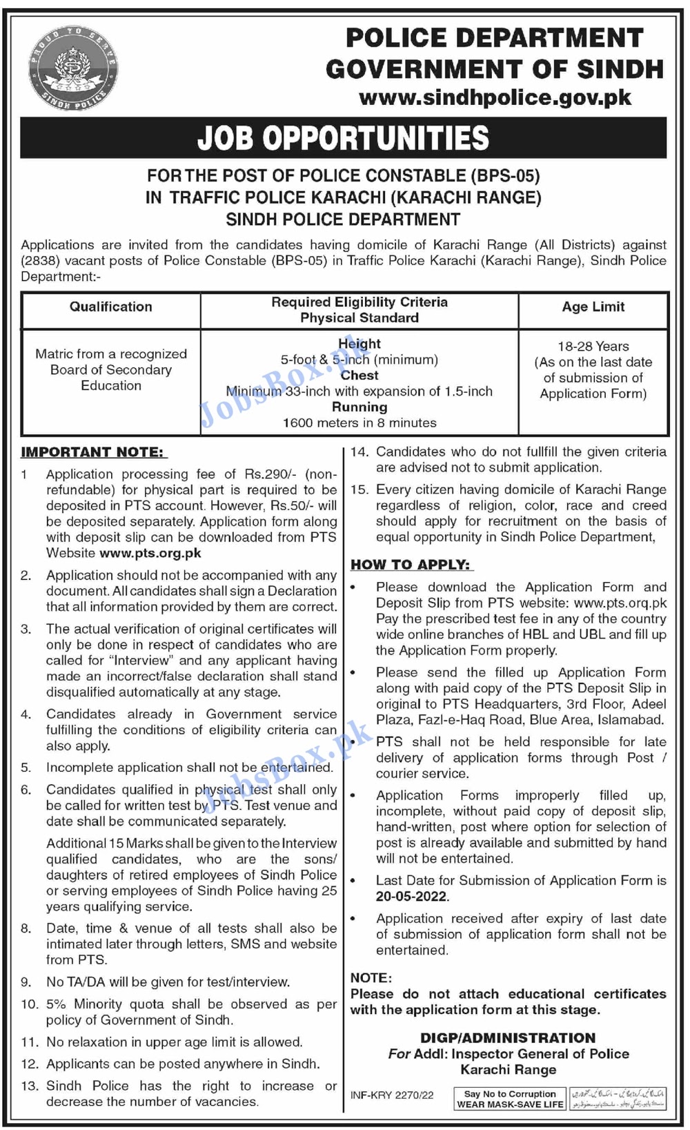 Latest Advertisement of Sindh Police Jobs 2022 in Traffic Police Karachi Range