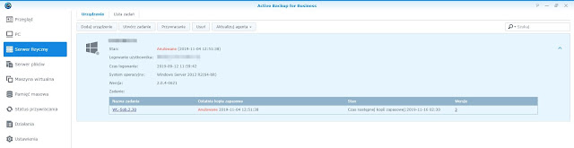 Active Backup for Business zakładka Serwer fizyczny
