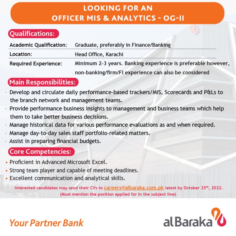 Al Baraka Bank (Pakistan) Limited  Jobs for Officer MIS & Analytics