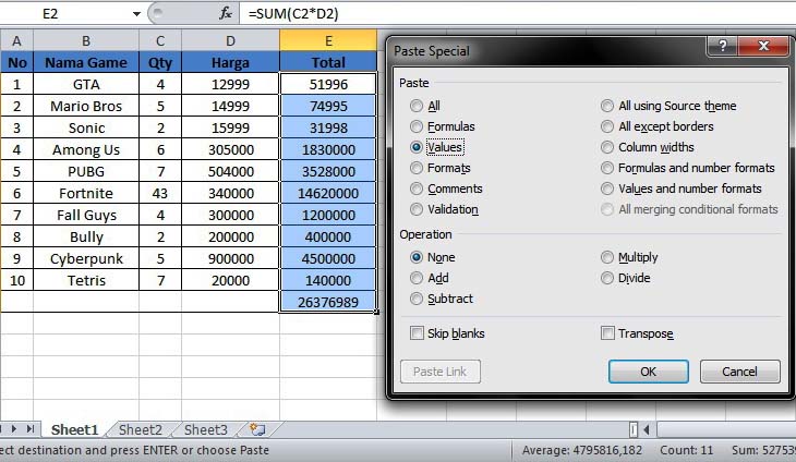 paste special di excel