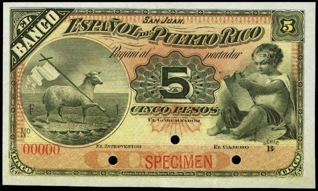 Puerto Rico Currency 5 Pesos Banco Espanol de Puerto Rico