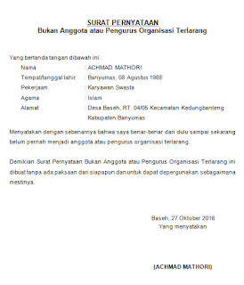 Contoh Surat Pernyataan Bukan Anggota Atau Pengurus Anisasi Terlarang Bagi Contoh Surat