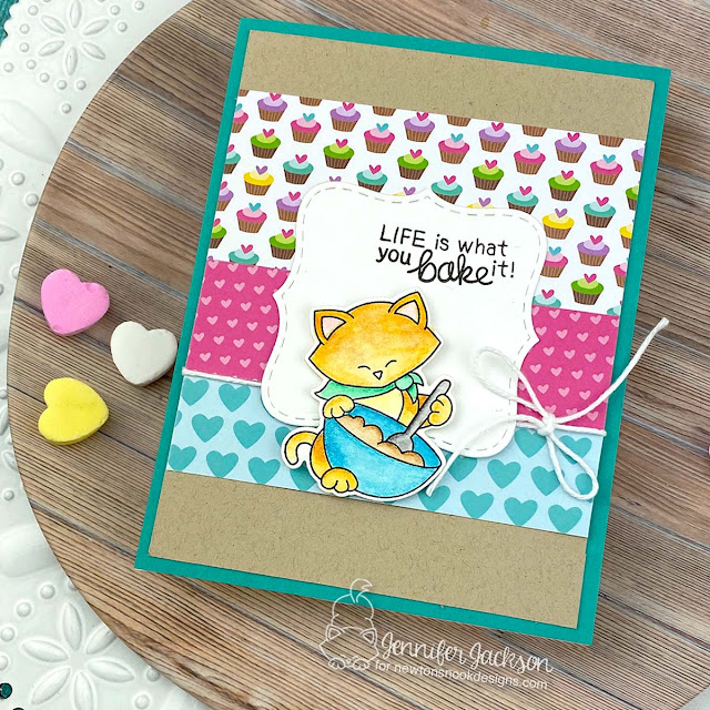 Baking Kitty Card by Jennifer Jackson | Newton's Kitchen Stamp Set, Love & Chocolate Paper Pad, and Frames Squared Die Set by Newton's Nook Designs #newtonsnook #handmade