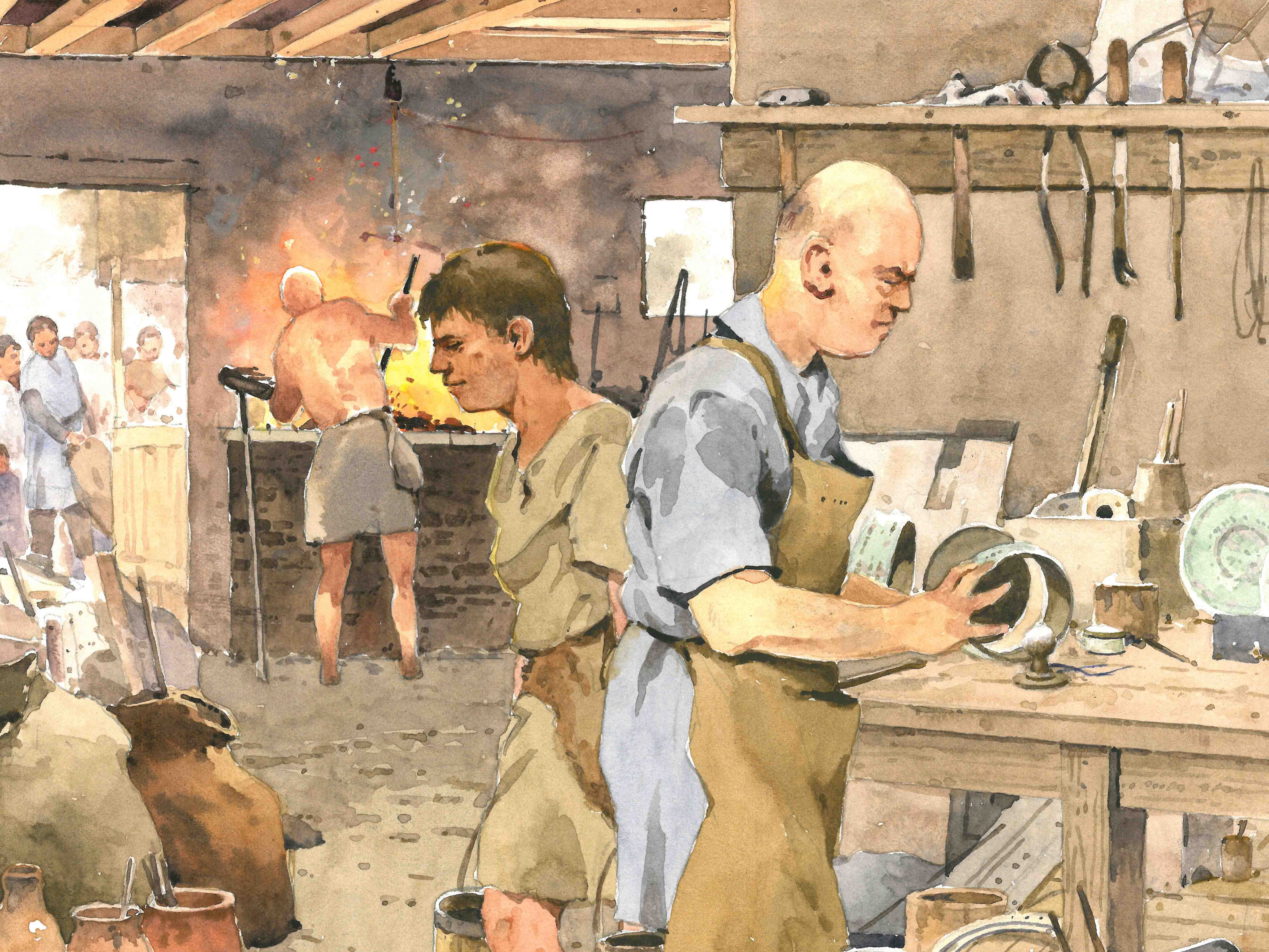 Artist's impression of a busy Roman workshop, filled with fire, smoke and noise
