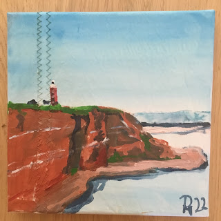 Helgoland mit roter Kante wunderschön gemalt. Das Meer im Vordergrund, der Leuchtturm im Oberland.