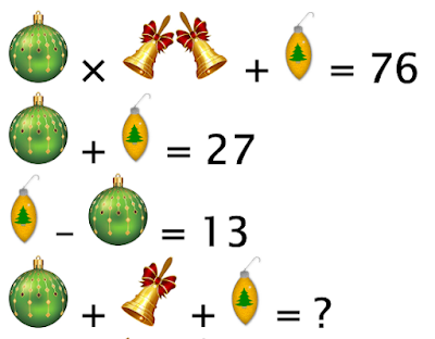 There are 4 equations using pictures which can be written as: a * 2b + c = 76 a + c = 27 c - a = 13 a + b + c = ?