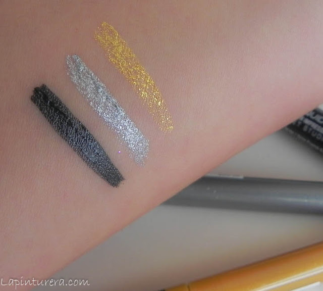 eyeliner nyx dorado, plata y antracita swatches 