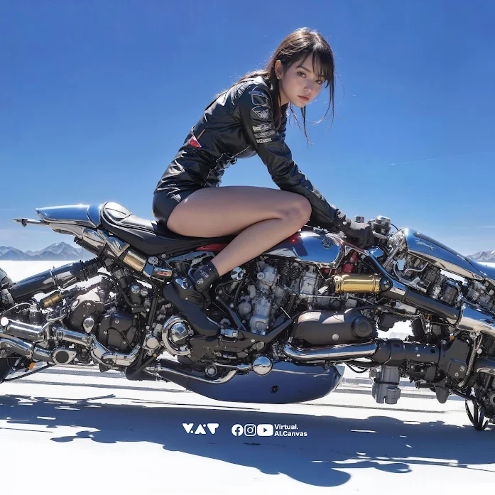 Mercenary Garage Design Custom Motorcycle Workshop 2024 Ko-Bike Virtual AI Canvas Oriental Cyberpunk Girl Hoverbike