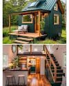 A wooden tiny house nestled in the forest