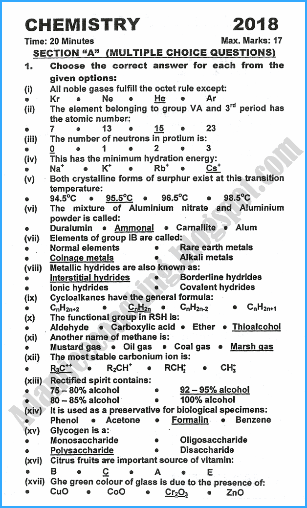 Adamjee Coaching: 12th Chemistry - Past Year Paper - 2018