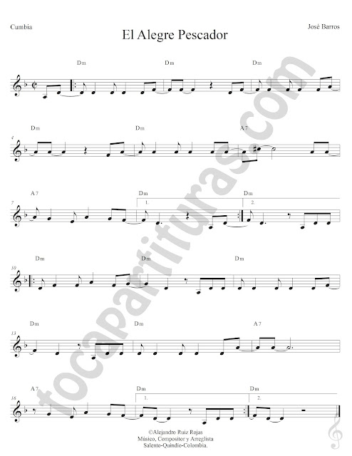 Alegre Pescador Cumbia de José Barros Partitura Fácil con Acordes El Alegre Pescador Easy Sheet Music with Chords