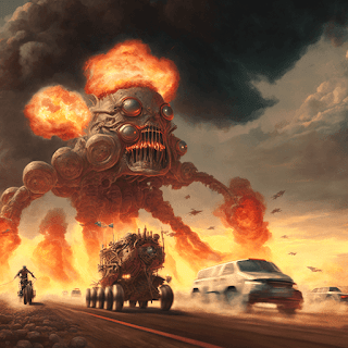 Giant fire breathing mecha looming over vehicles on highway