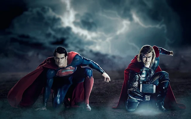 Superman and Thor by harman Singh bansal, thor wallpapers, superman wallpapers, marvel and dc crossover, marvel comics, dc comics, mcu, avengers, justice league, loki, falcon, hulk, chris Hemsworth, henry cavill, hgraphicspro, H GraphicsPro wallpaper, digital Artwork, photoshop manipulation, superhero wallpapers