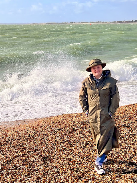 madmumof7 on Southsea beach wearing green hat and coat from Lighthouse Clothing (gifted)