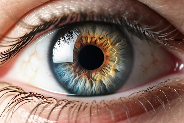 Close up photo of human iris with grey but slightly bluish color