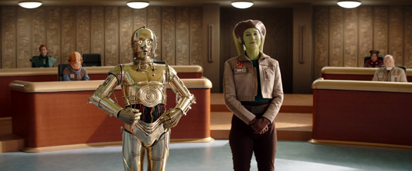 During a Senate hearing on Coruscant, Hera Syndulla (Mary Elizabeth Winstead) is aided by C-3PO (Anthony Daniels) in Episode 7 of AHSOKA.