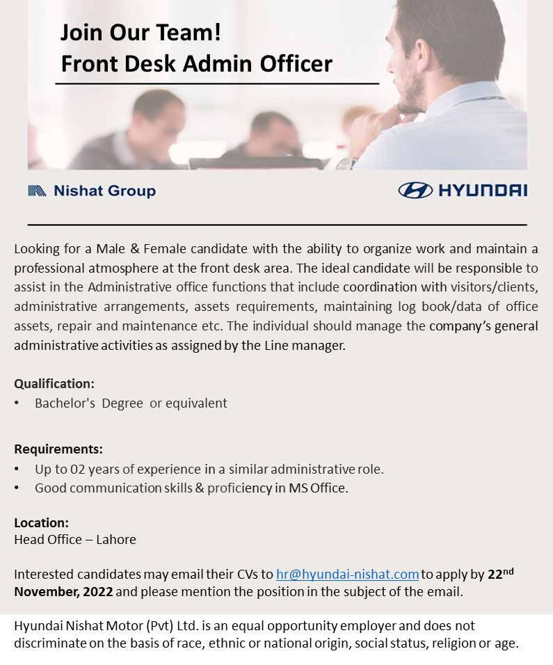 Hyundai Pakistan Announced Jobs for Front Desk Admin Officer