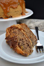 banana bread sandwiched with fudgy frosting and drizzled with caramel