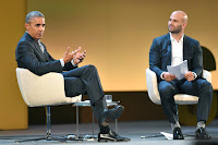 Former President Barack Obama talked with Sam Kass about the effect of agriculture on climate change at the Seeds &amp;amp; Chips conference on Tuesday in Milan. (Credit: Andreas Solaro/Agence France-Presse — Getty Images) Click to Enlarge.