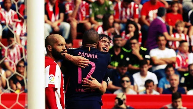 Barca football players Sergi Roberto and Rafinha Celebrating after scoring against Sporting Gijon