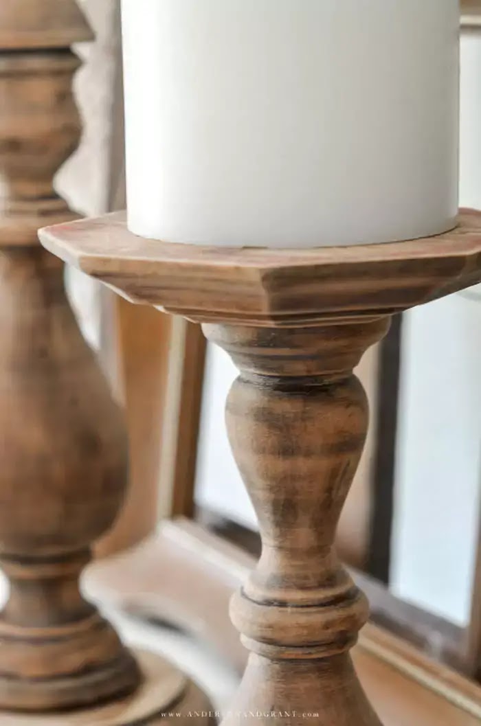 Closeup of top of rustic wood candlestick