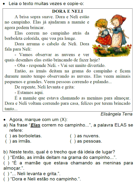 Texto DORA E NELI, de Elisângela Terra, para ler e interpretar