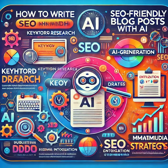 Infographic illustrating a step-by-step guide to writing SEO-friendly blog posts using AI, covering keyword research, AI-generated drafts, SEO optimization, multimedia integration, and publishing strategies.