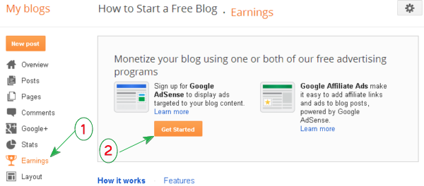 (screenshot) Earning tab in Blogger dashboard