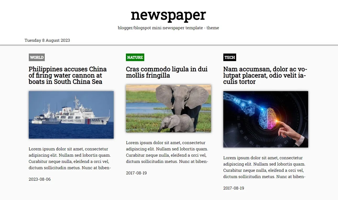 MiniNewspaper responsive, simple free Blogger/Blogspot newspaper template/theme.