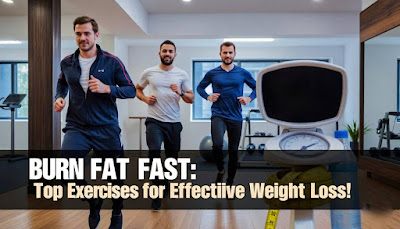 Men running in a gym with weight loss text overlay