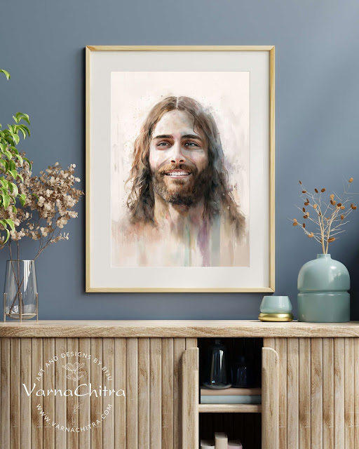 Jesus Painting, unique, one of a kind, smiling Jesus in digital watercolor, different Jesus, artistic portrait, blissful wall painting, graceful wall art by Biju Varnachitra