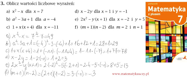 Zad.3 str.160  "Matematyka z plusem 7" - wyrażenia algebraiczne