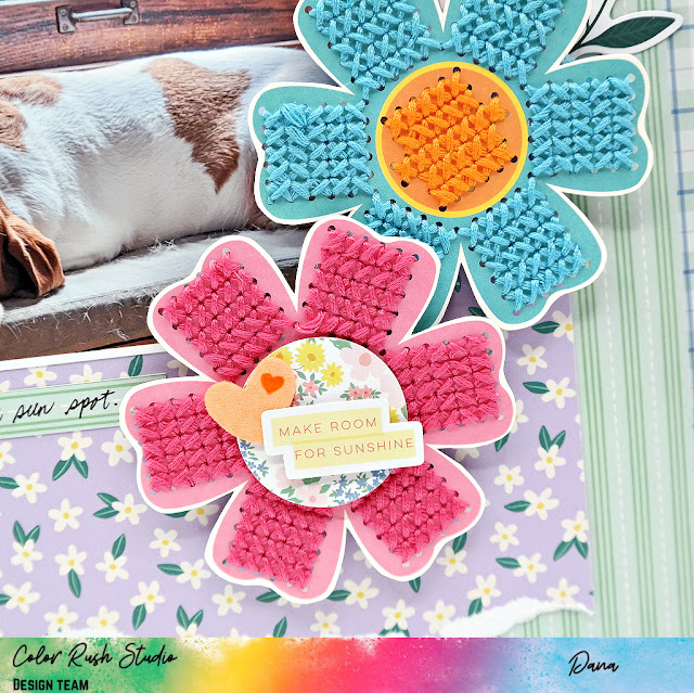 Sweet spring themed basset hound scrapbook page with die-cut and cross-stitched flowers created with the Bea Valint Poppy and Pear collection.