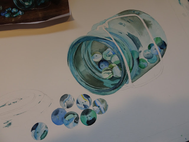 Danielle Beaulieu watercolour WIP blue jar and marbles